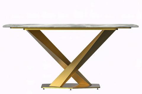 LeisureMod Voren Mid-Century Modern Dining Table with Rectangular Tabletop with Gold Stainless Steel Base