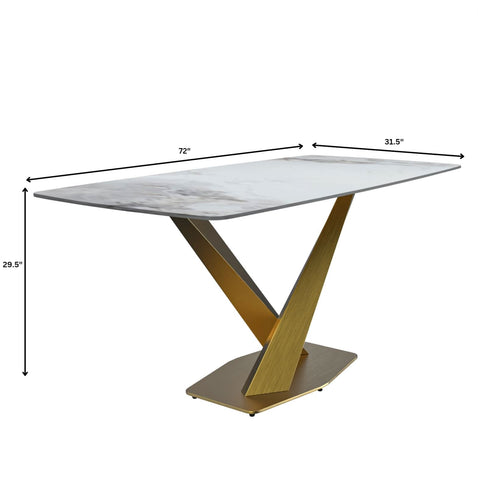 LeisureMod Voren Mid-Century Modern Dining Table with Rectangular Tabletop with Gold Stainless Steel Base