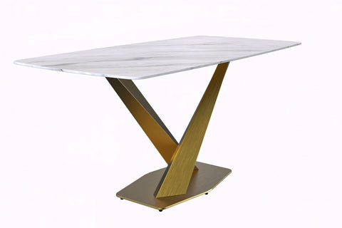 LeisureMod Voren Mid-Century Modern Dining Table with Rectangular Tabletop with Gold Stainless Steel Base