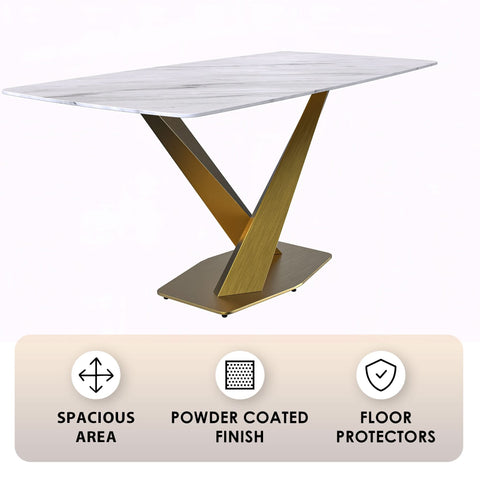 LeisureMod Voren Mid-Century Modern Dining Table with Rectangular Tabletop with Gold Stainless Steel Base