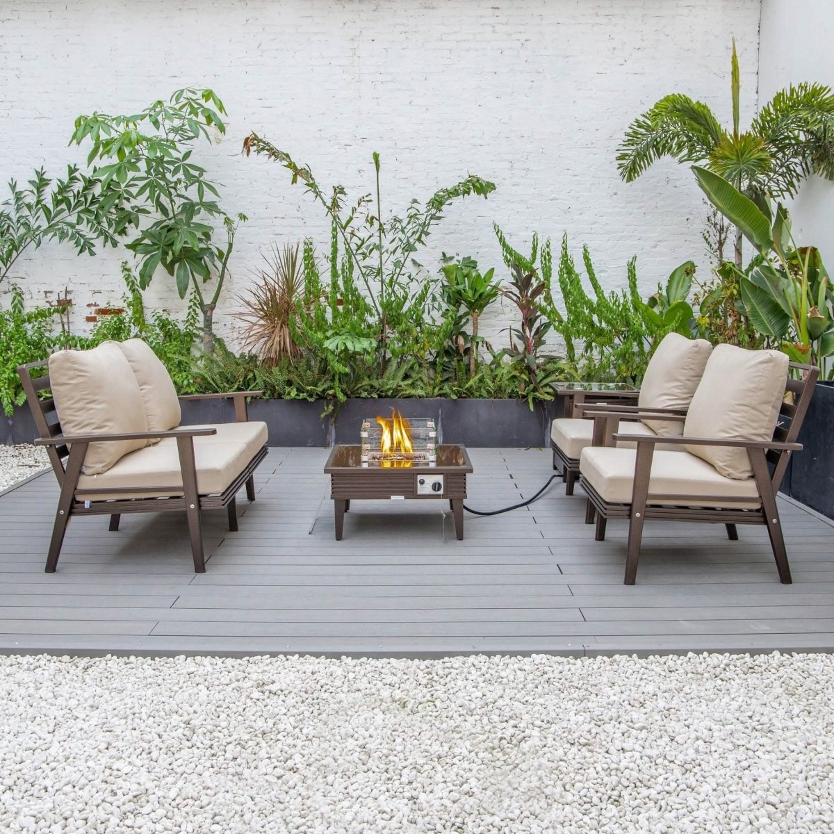 Walbrooke Aluminum Patio Conversation With Slats Design Fire Pit Table & Tank Holder Coversation Set Leisuremod