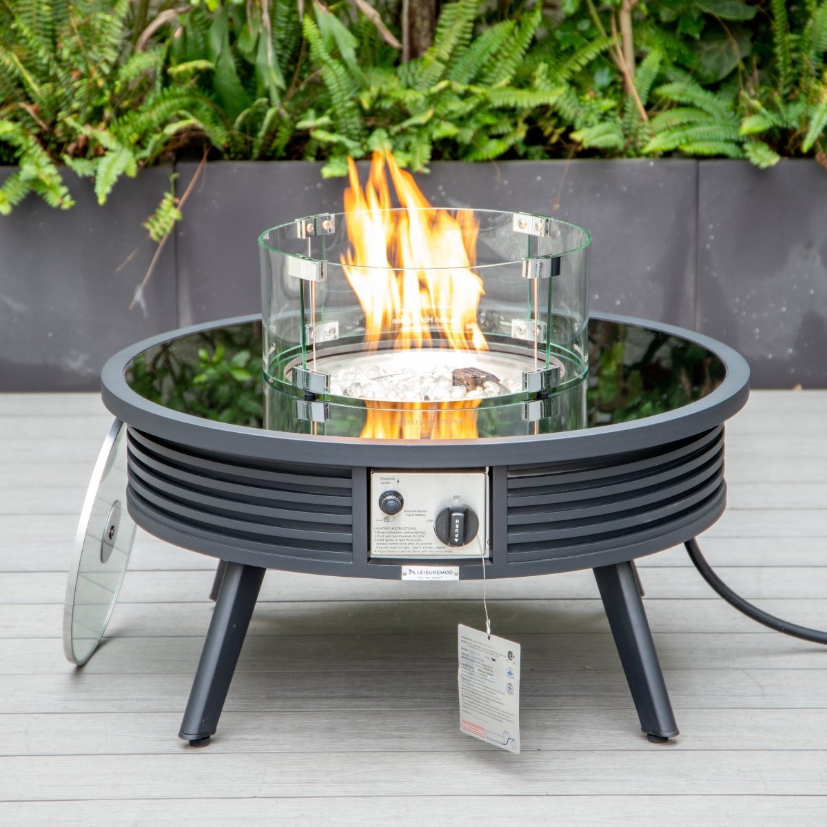 Walbrooke Modern Outdoor Round Fire Pit Table with Powder - Coated Aliuminum Frame and Slats/Non Slats Design