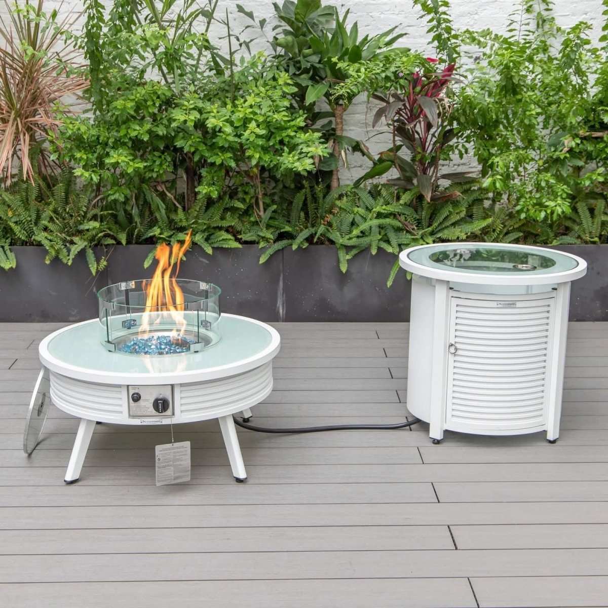 Walbrooke Outdoor Patio Round Fire Pit and Tank Holder with Slats Design White Fire Pits Leisuremod