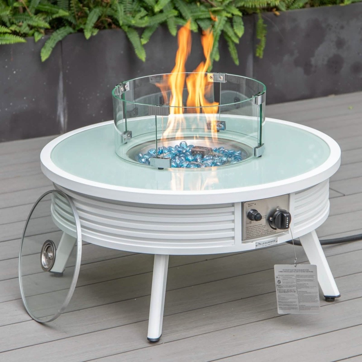 Walbrooke Outdoor Patio Round Fire Pit and Tank Holder with Slats Design White Fire Pits Leisuremod