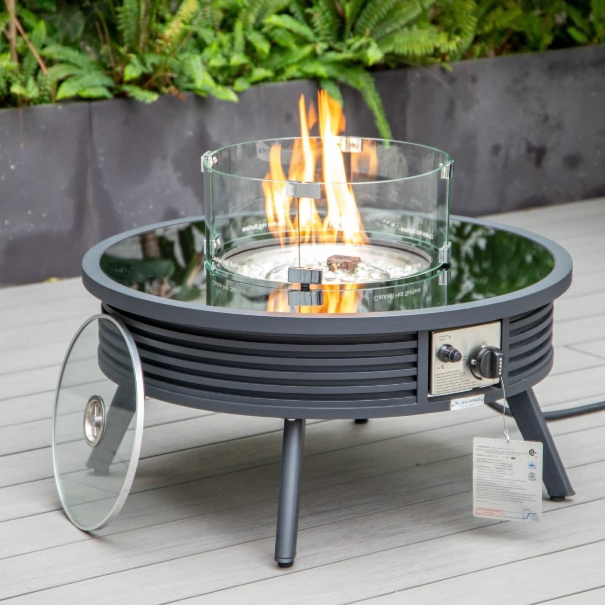 Walbrooke Outdoor Patio Round Fire Pit and Tank Holder with Slats Design White Fire Pits Leisuremod