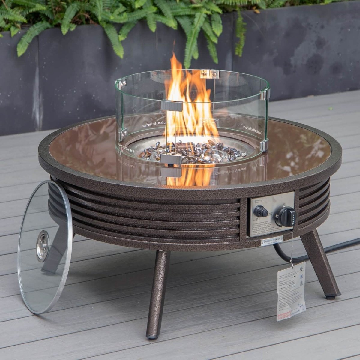 Walbrooke Outdoor Patio Round Fire Pit and Tank Holder with Slats Design White Fire Pits Leisuremod