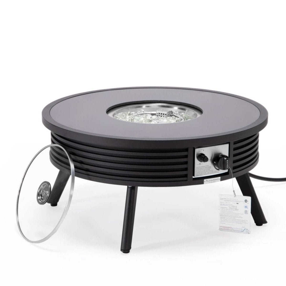Walbrooke Outdoor Patio Round Fire Pit and Tank Holder with Slats Design Black Fire Pits Leisuremod