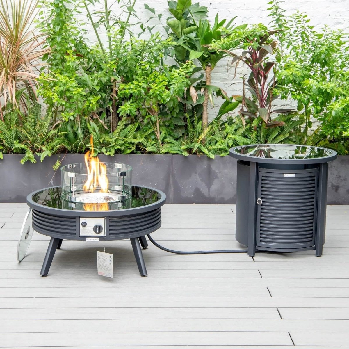 Walbrooke Outdoor Patio Round Fire Pit and Tank Holder with Slats Design White Fire Pits Leisuremod