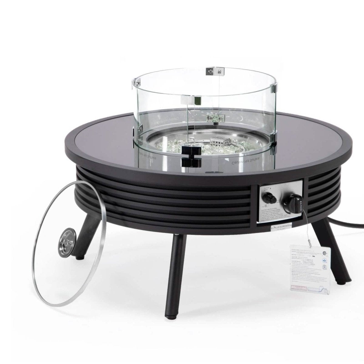 Walbrooke Outdoor Patio Round Fire Pit and Tank Holder with Slats Design Black Fire Pits Leisuremod