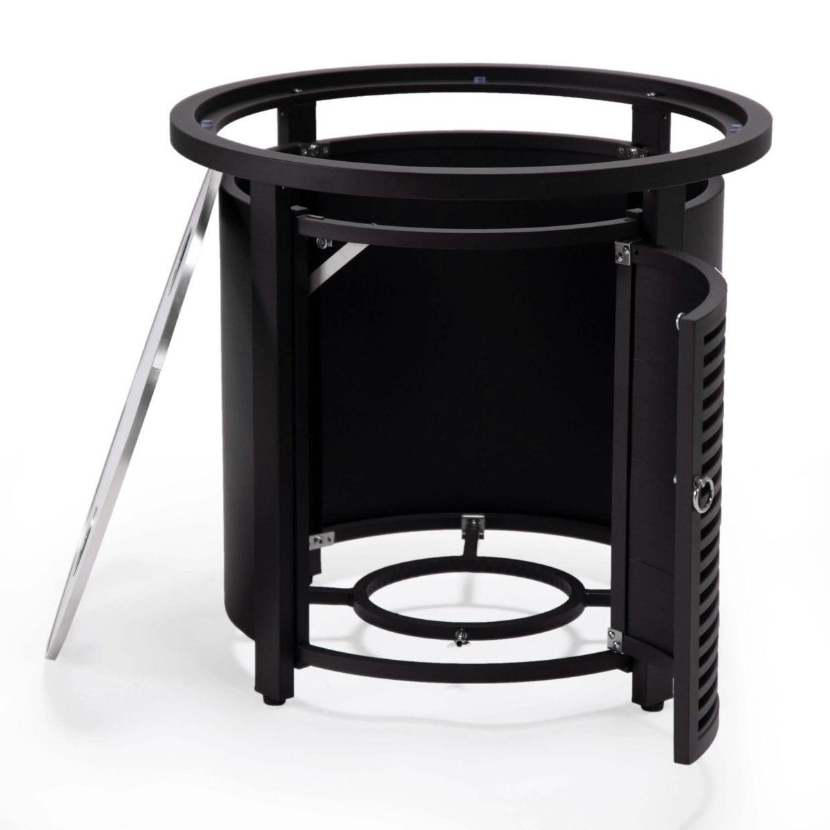Walbrooke Outdoor Patio Round Fire Pit and Tank Holder with Slats Design Black Fire Pits Leisuremod