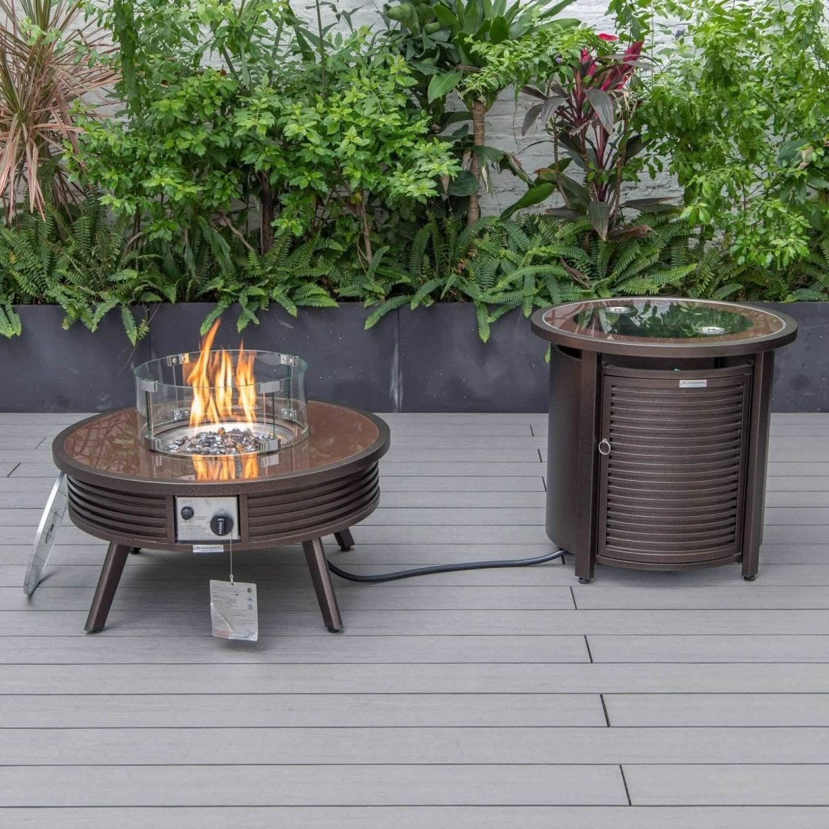 Walbrooke Outdoor Patio Round Fire Pit and Tank Holder with Slats Design Brown Fire Pits Leisuremod