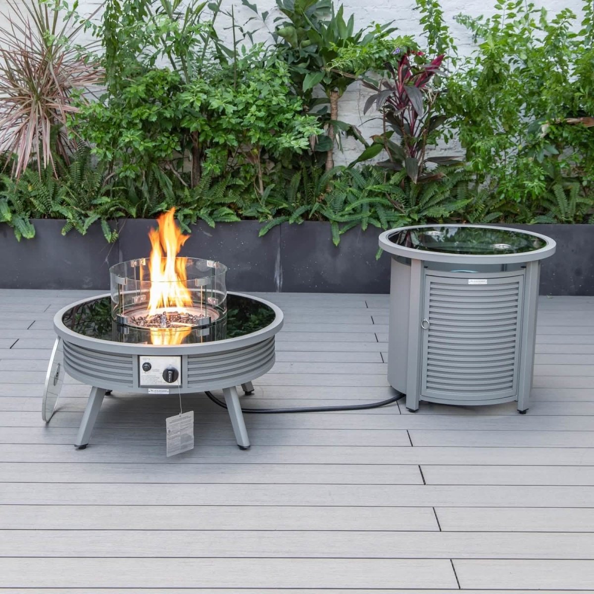 Walbrooke Outdoor Patio Round Fire Pit and Tank Holder with Slats Design White Fire Pits Leisuremod