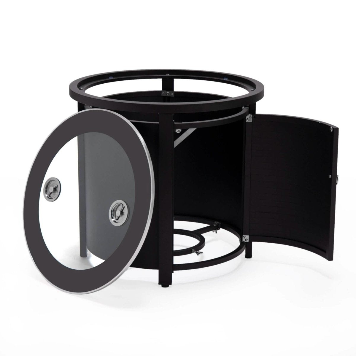 Walbrooke Outdoor Patio Round Fire Pit and Tank Holder with Slats Design Black Fire Pits Leisuremod