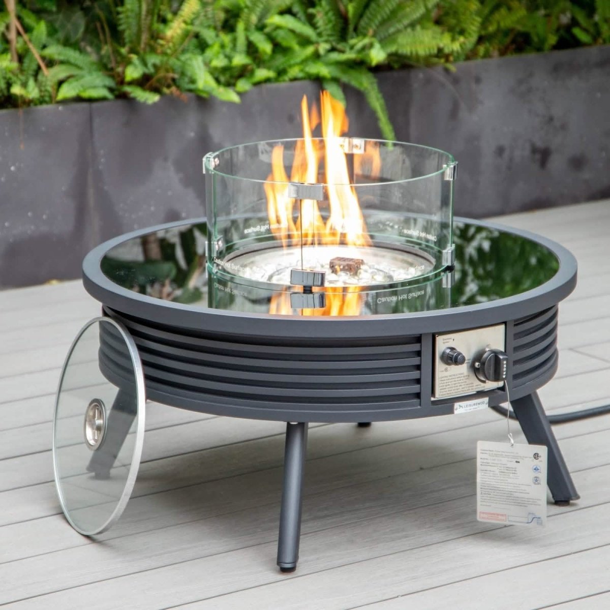 Walbrooke Outdoor Patio Round Fire Pit and Tank Holder with Slats Design Black Fire Pits Leisuremod