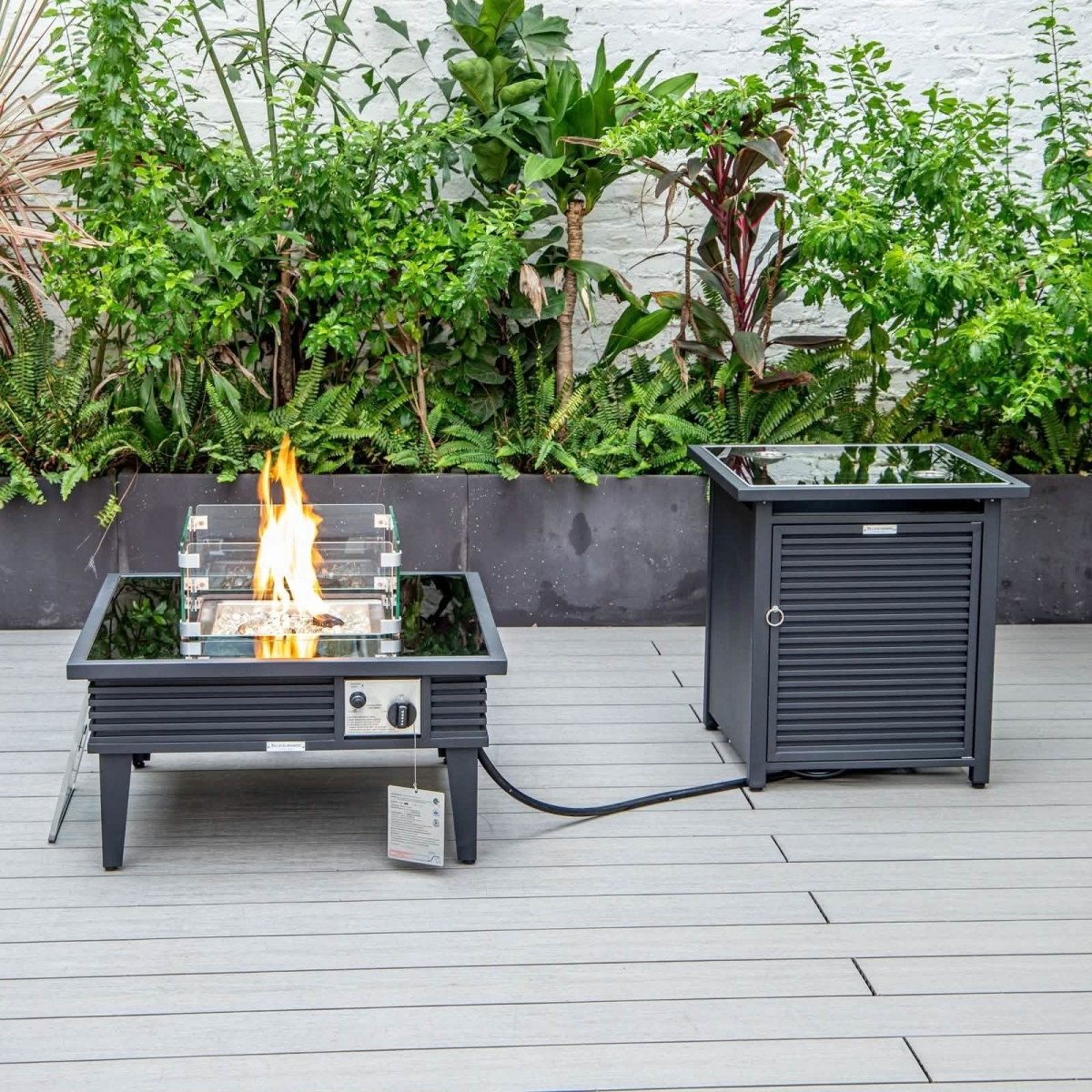 Walbrooke Outdoor Patio Square Fire Pit and Tank Holder with Slats Design