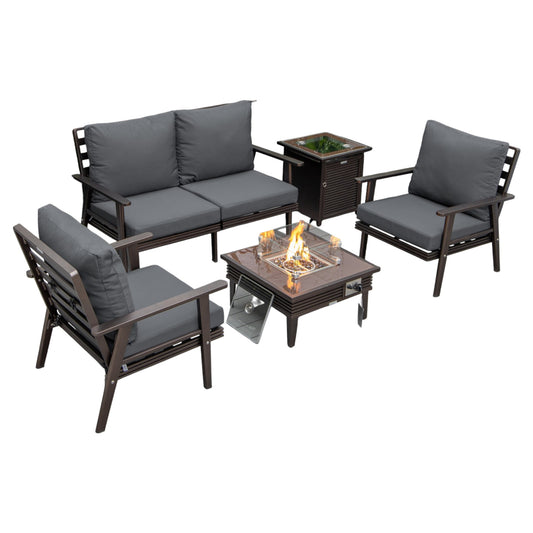 Walbrooke Aluminum Patio Conversation With Slats Design Fire Pit Table & Tank Holder