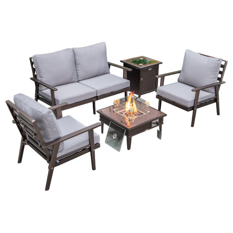Walbrooke Aluminum Patio Conversation With Slats Design Fire Pit Table & Tank Holder