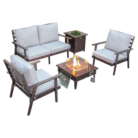 Walbrooke Aluminum Patio Conversation With Slats Design Fire Pit Table & Tank Holder