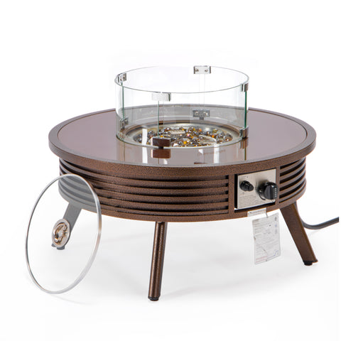Walbrooke Modern Outdoor Round Fire Pit Table with Powder-Coated Aliuminum Frame and Slats/Non Slats Design