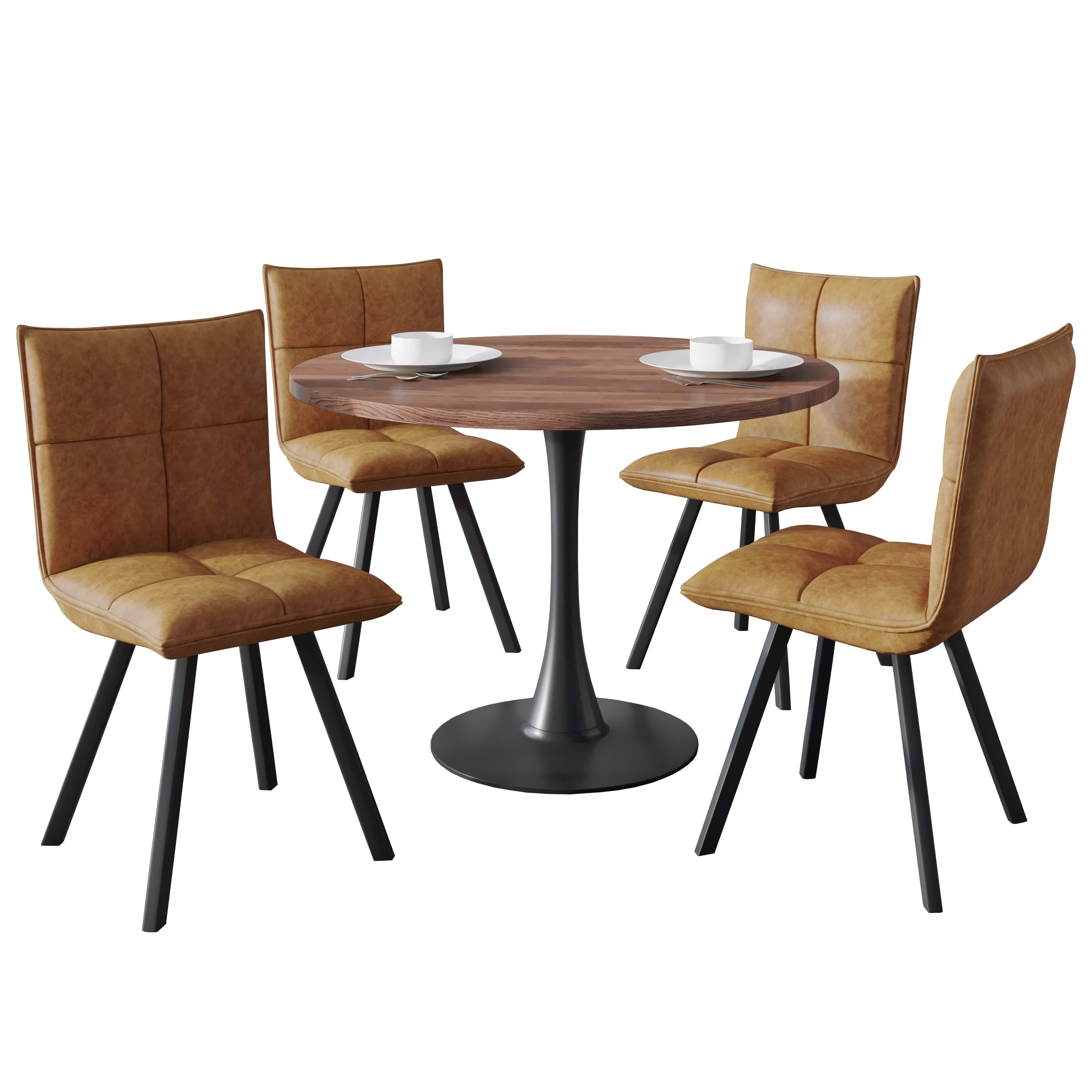 Bristol 5-Piece Dining Set with 36" Round Dining Table with Cognac Brown MDF Top and Black Base 4 Leather Dining ChairsElevate your dining experience with the Bristol 5-Piece Dining Set. Featuring a sleek 36" round table with a Cognac Brown MDF top and a