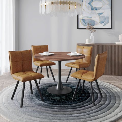 Bristol 5-Piece Dining Set with 36" Round Dining Table with Cognac Brown MDF Top and Black Base 4 Leather Dining ChairsElevate your dining experience with the Bristol 5-Piece Dining Set. Featuring a sleek 36" round table with a Cognac Brown MDF top and a