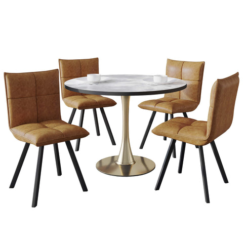 Bristol 5-Piece Dining Set with 35" Round Dining Table with White Sintered Stone Top and Black Base 4 Leather Dining ChairsExperience the perfect balance of modern design and durability with the Bristol 5-Piece Dining Set. The sleek 35" round table featur