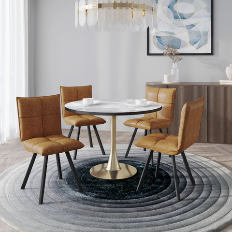 Bristol 5-Piece Dining Set with 35" Round Dining Table with White Sintered Stone Top and Black Base 4 Leather Dining ChairsExperience the perfect balance of modern design and durability with the Bristol 5-Piece Dining Set. The sleek 35" round table featur