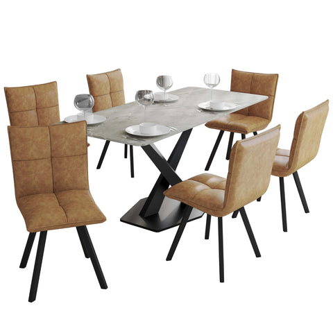 Voren 7-Piece Dining Set with 55" Rectangular Dining Table with Sintered Stone Top and Gold Base in Deep Grey and 6 Leather Dining ChairsExperience luxury dining with the Voren 7-Piece Dining Set. The 55" rectangular table, crafted from black and gold sin