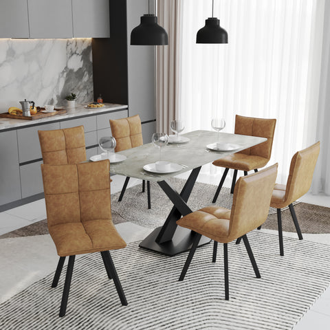 Voren 7-Piece Dining Set with 55" Rectangular Dining Table with Sintered Stone Top and Gold Base in Deep Grey and 6 Leather Dining ChairsExperience luxury dining with the Voren 7-Piece Dining Set. The 55" rectangular table, crafted from black and gold sin