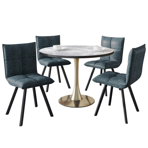 Bristol 5-Piece Dining Set with 35" Round Dining Table with White Sintered Stone Top and Black Base 4 Leather Dining ChairsExperience the perfect balance of modern design and durability with the Bristol 5-Piece Dining Set. The sleek 35" round table featur