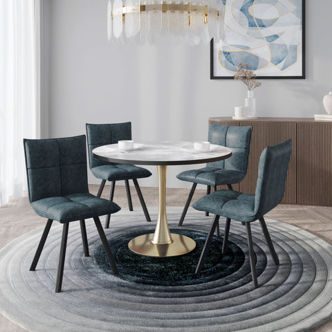Bristol 5-Piece Dining Set with 35" Round Dining Table with White Sintered Stone Top and Black Base 4 Leather Dining ChairsExperience the perfect balance of modern design and durability with the Bristol 5-Piece Dining Set. The sleek 35" round table featur