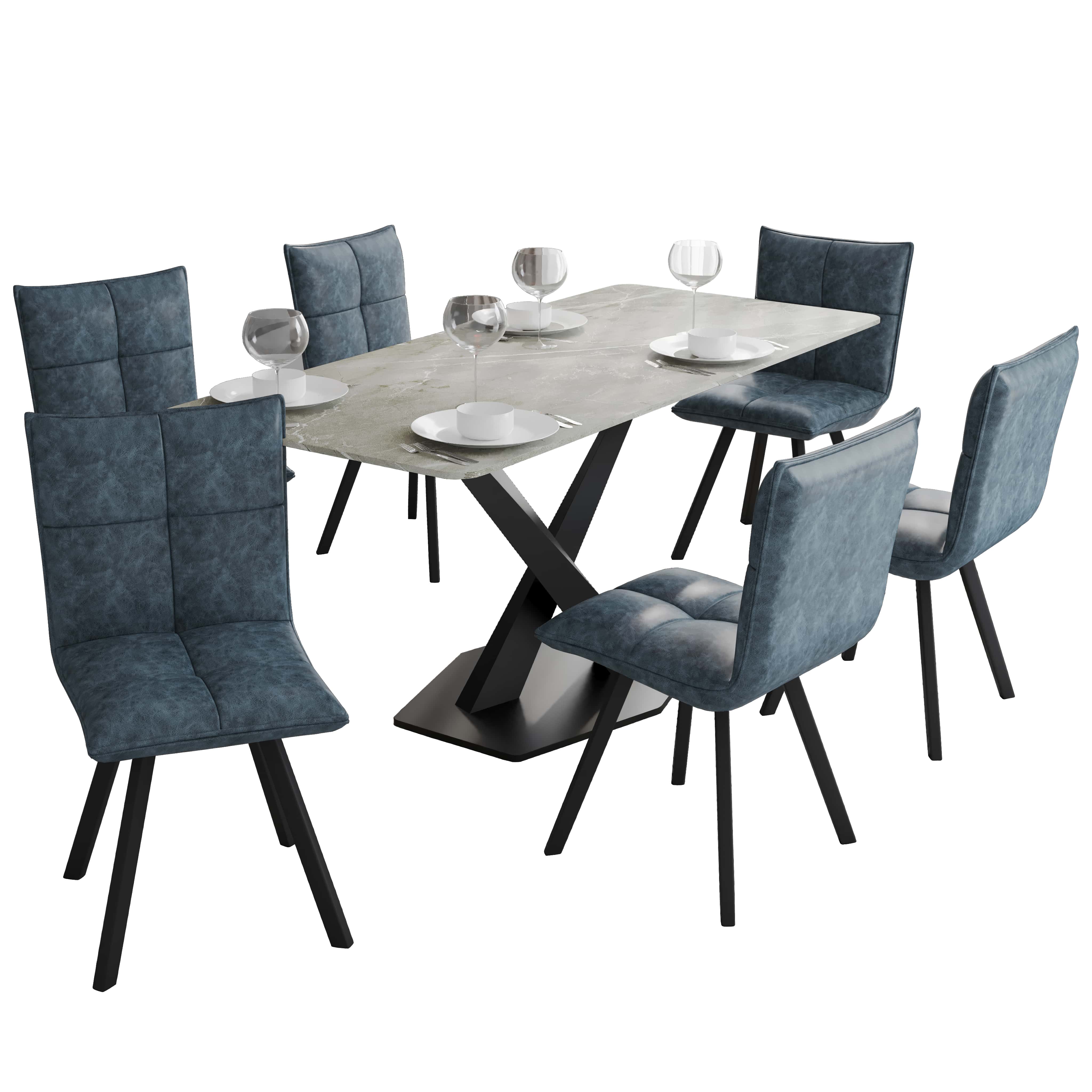 Voren 7-Piece Dining Set with 55" Rectangular Dining Table with Sintered Stone Top and Gold Base in Deep Grey and 6 Leather Dining ChairsExperience luxury dining with the Voren 7-Piece Dining Set. The 55" rectangular table, crafted from black and gold sin
