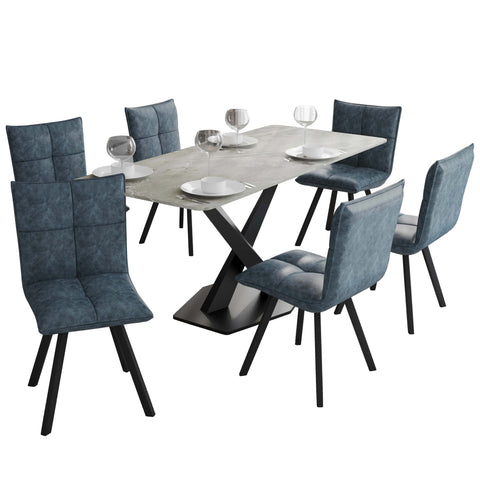 Voren 7-Piece Dining Set with 55" Rectangular Dining Table with Sintered Stone Top and Gold Base in Deep Grey and 6 Leather Dining ChairsExperience luxury dining with the Voren 7-Piece Dining Set. The 55" rectangular table, crafted from black and gold sin
