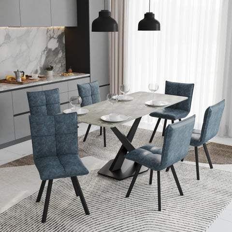 Voren 7-Piece Dining Set with 55" Rectangular Dining Table with Sintered Stone Top and Gold Base in Deep Grey and 6 Leather Dining ChairsExperience luxury dining with the Voren 7-Piece Dining Set. The 55" rectangular table, crafted from black and gold sin