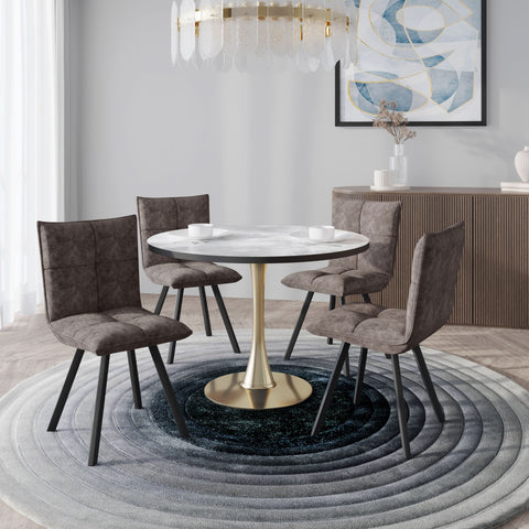 Bristol 5-Piece Dining Set with 35" Round Dining Table with White Sintered Stone Top and Black Base 4 Leather Dining ChairsExperience the perfect balance of modern design and durability with the Bristol 5-Piece Dining Set. The sleek 35" round table featur