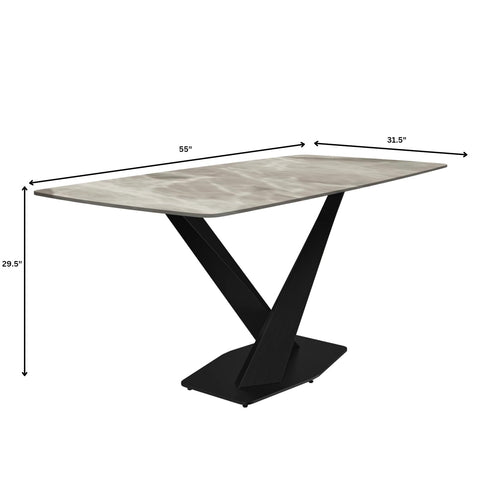 Voren 7-Piece Dining Set with 55" Rectangular Dining Table with Sintered Stone Top and Gold Base in Deep Grey and 6 Leather Dining ChairsExperience luxury dining with the Voren 7-Piece Dining Set. The 55" rectangular table, crafted from black and gold sin