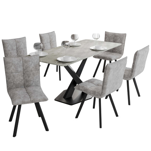 Voren 7-Piece Dining Set with 55" Rectangular Dining Table with Sintered Stone Top and Gold Base in Deep Grey and 6 Leather Dining ChairsExperience luxury dining with the Voren 7-Piece Dining Set. The 55" rectangular table, crafted from black and gold sin