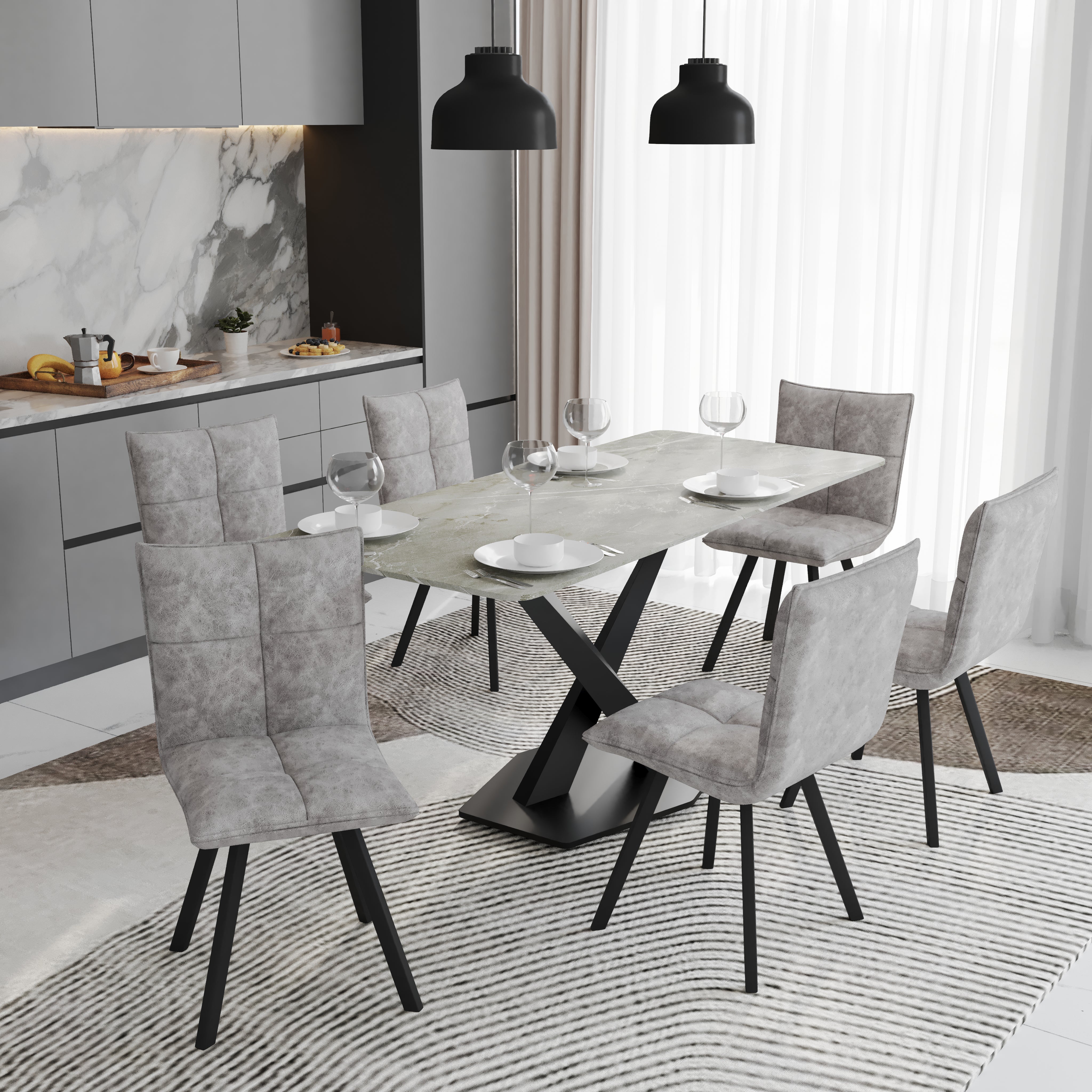Voren 7-Piece Dining Set with 55" Rectangular Dining Table with Sintered Stone Top and Gold Base in Deep Grey and 6 Leather Dining ChairsExperience luxury dining with the Voren 7-Piece Dining Set. The 55" rectangular table, crafted from black and gold sin