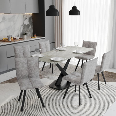 Voren 7-Piece Dining Set with 55" Rectangular Dining Table with Sintered Stone Top and Gold Base in Deep Grey and 6 Leather Dining ChairsExperience luxury dining with the Voren 7-Piece Dining Set. The 55" rectangular table, crafted from black and gold sin
