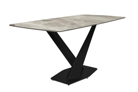 Voren 7-Piece Dining Set with 55" Rectangular Dining Table with Sintered Stone Top and Gold Base in Deep Grey and 6 Leather Dining ChairsExperience luxury dining with the Voren 7-Piece Dining Set. The 55" rectangular table, crafted from black and gold sin