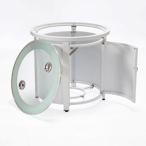 Walbrooke Modern Round Tank Holder Table with Tempered Glass Top and Powder Coated Aluminum Slats/Non Slats Design