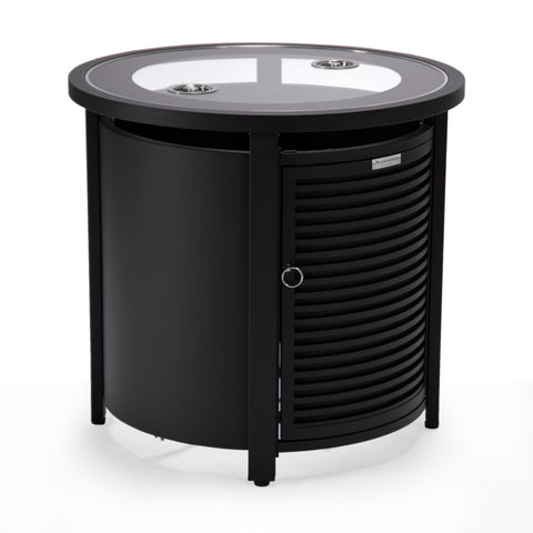 Walbrooke Modern Round Tank Holder Table with Tempered Glass Top and Powder Coated Aluminum Slats/Non Slats Design