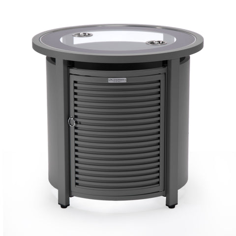 Walbrooke Modern Round Tank Holder Table with Tempered Glass Top and Powder Coated Aluminum Slats/Non Slats Design