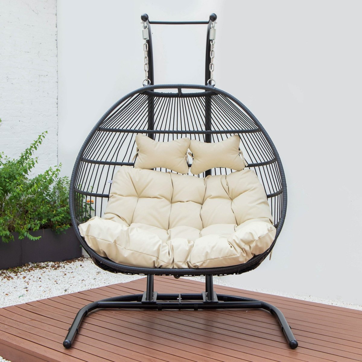 Wicker Two Seater Egg Swing Chair in Iron With Removable Cushion