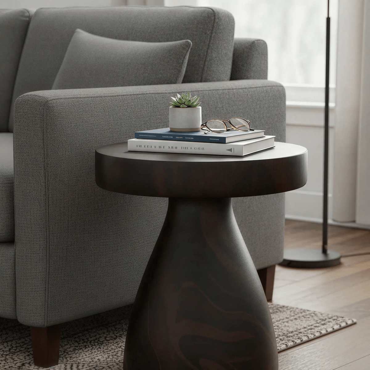 Wisp 16" Modern Wide Round Fiberstone Hourglass Design Side Table - Stylish Accent End Table