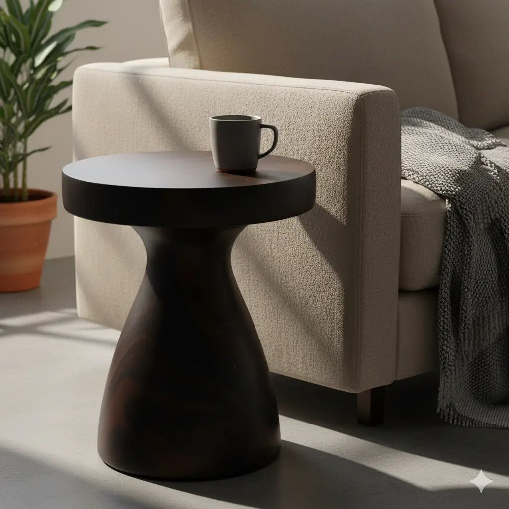 Wisp 16" Modern Wide Round Fiberstone Hourglass Design Side Table - Stylish Accent End Table