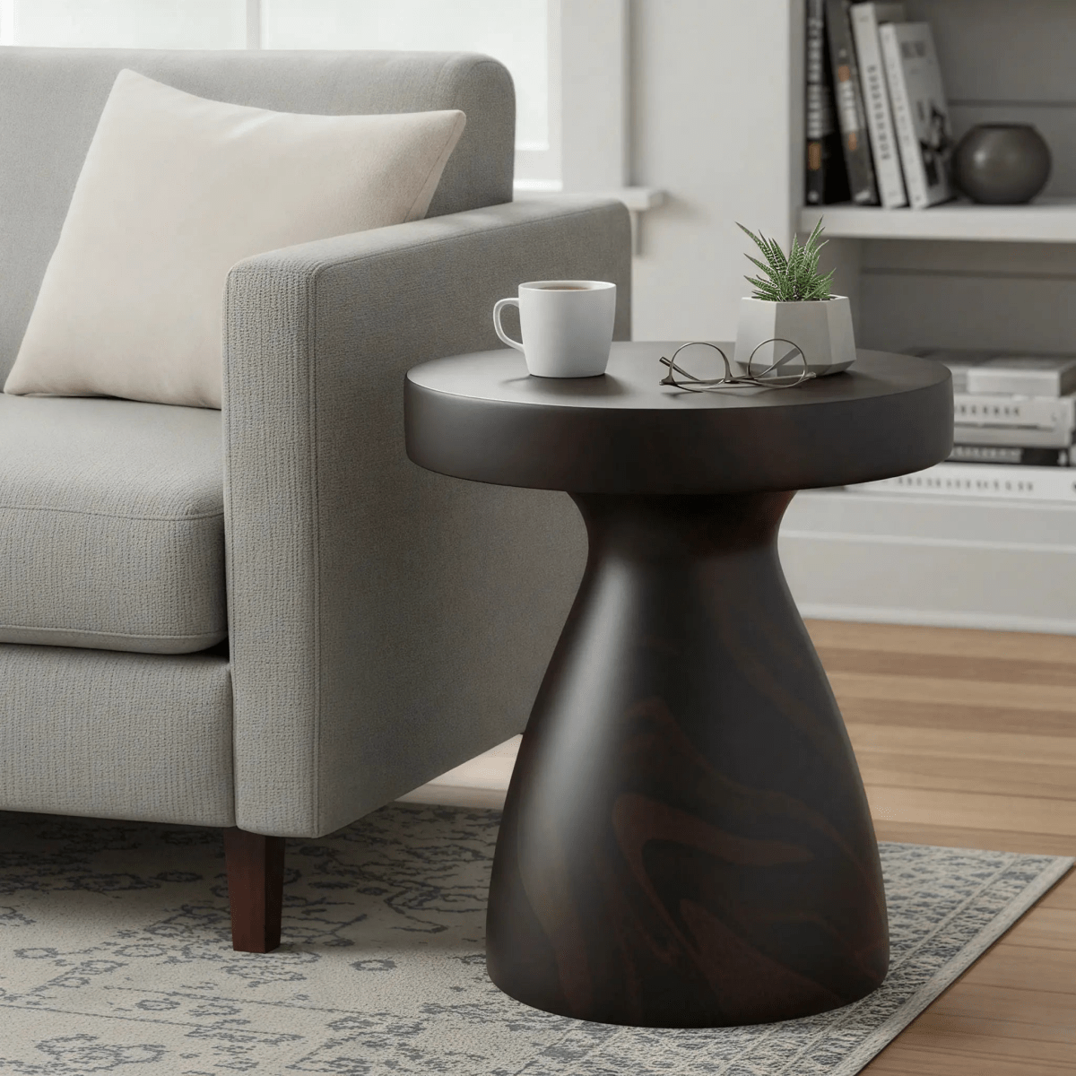 Wisp 16" Modern Wide Round Fiberstone Hourglass Design Side Table - Stylish Accent End Table