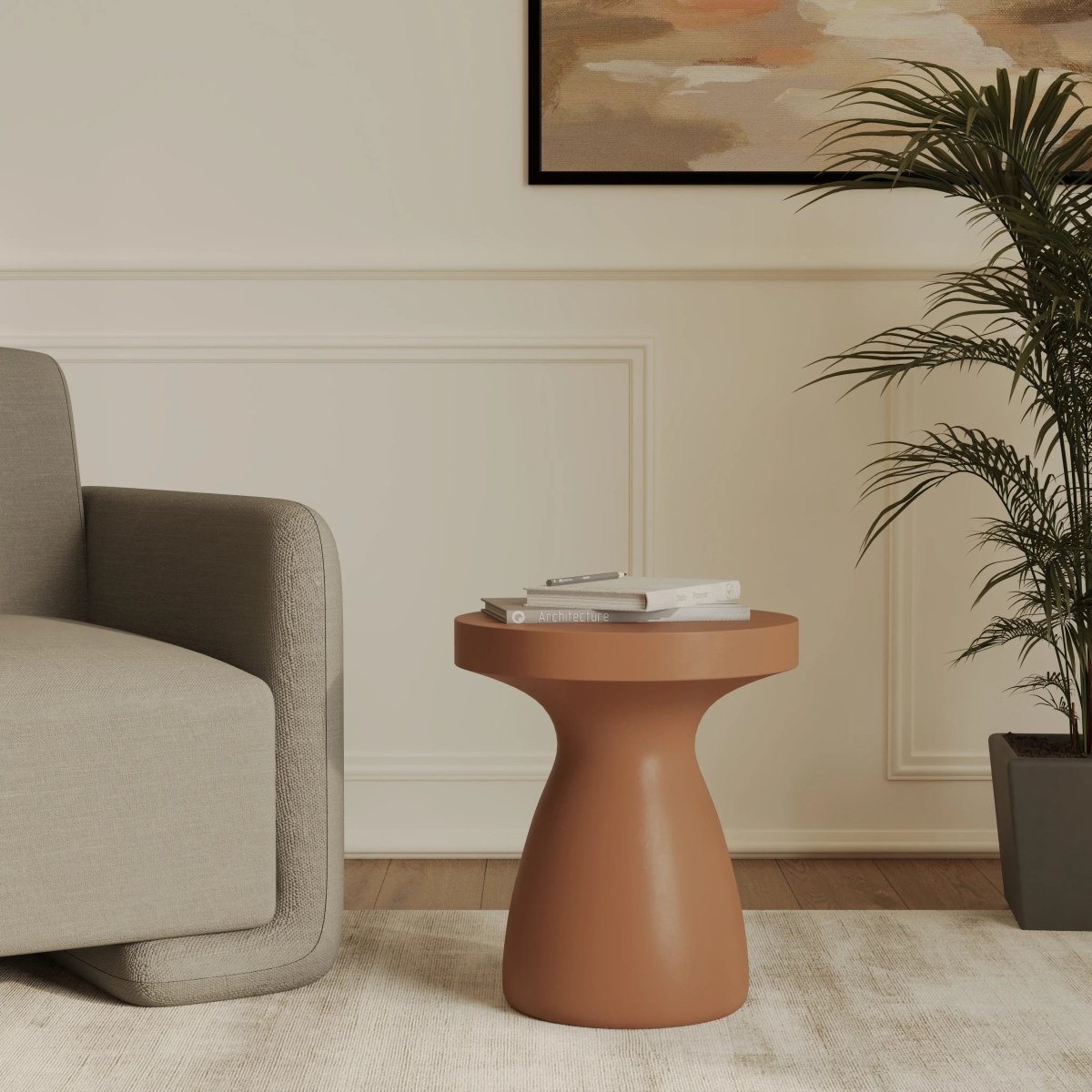 Wisp 16" Modern Wide Round Fiberstone Hourglass Design Side Table - Stylish Accent End Table