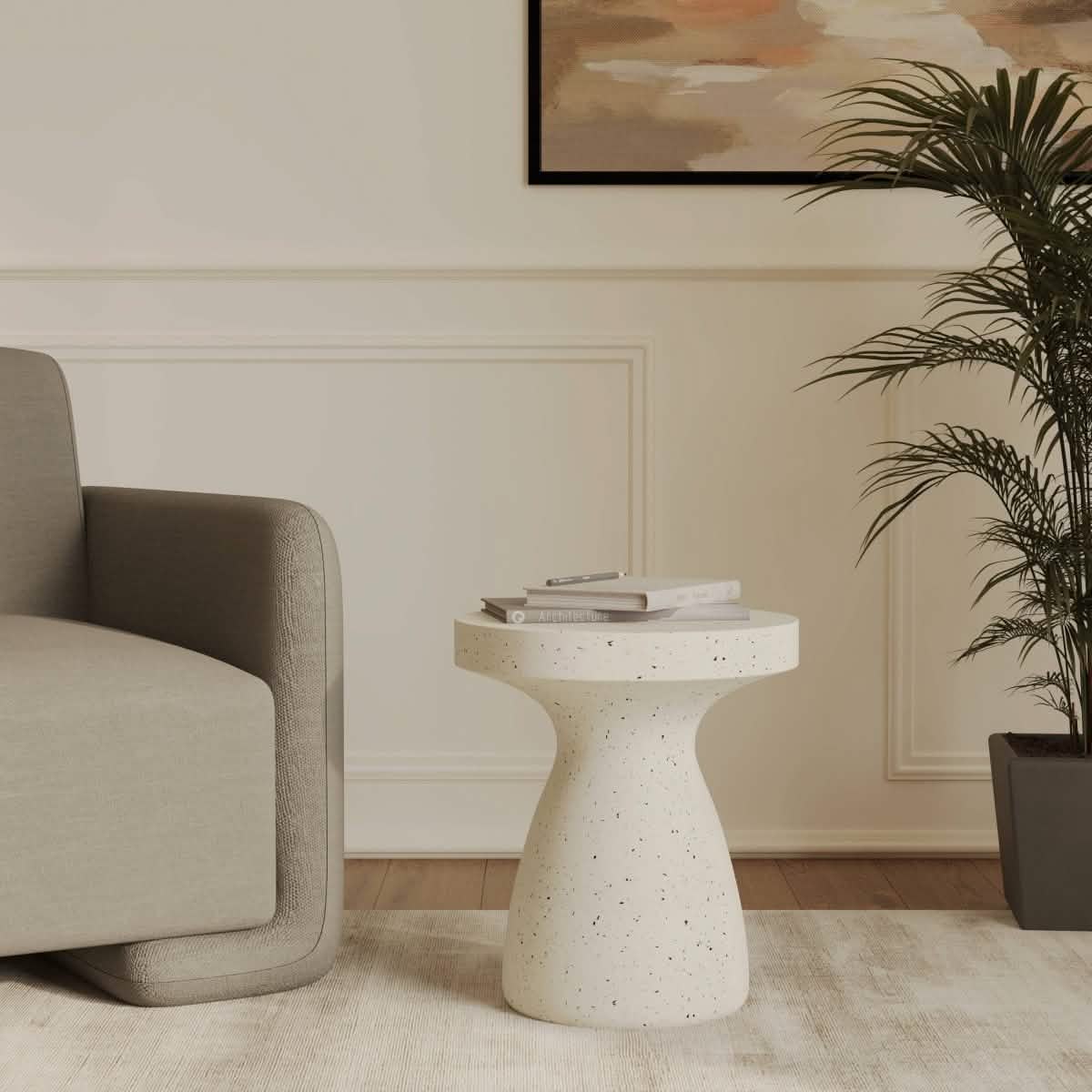 Wisp 16" Wide Round Side Fiberstone Table With Hourglass Pedestal Design