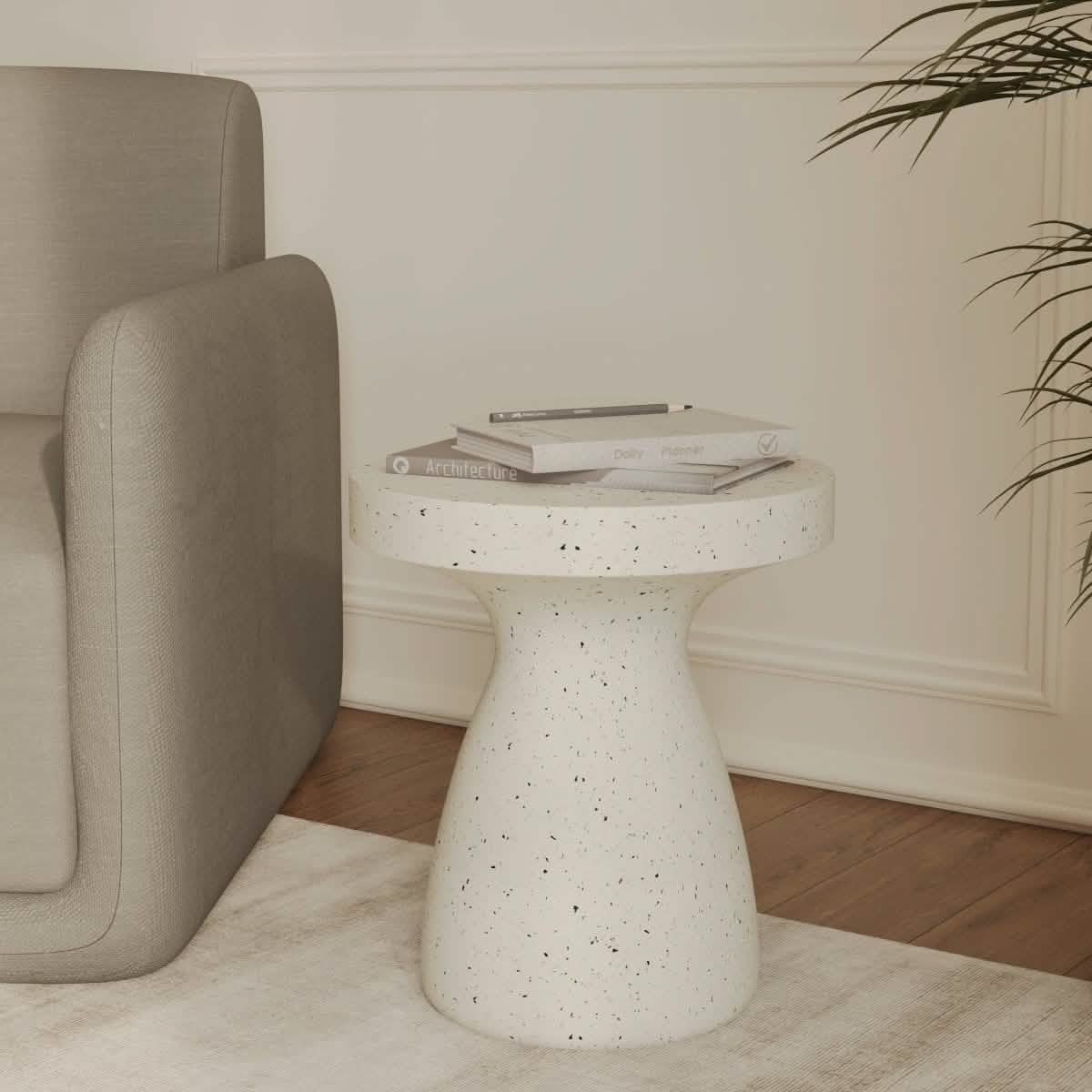 Wisp 16" Wide Round Side Fiberstone Table With Hourglass Pedestal Design